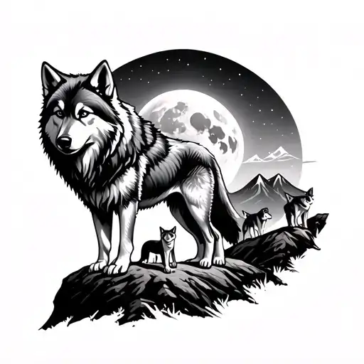 main alpha wolf with moon in the band ground and 3 wolf cubs in the background on  a mountain  tattoo design idea