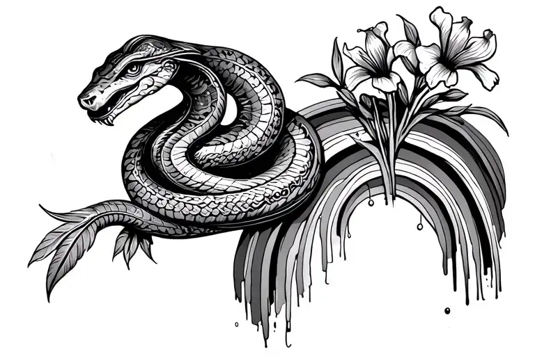 Aztec feathered snake on a rainbow holding iris flowers growing tattoo design idea