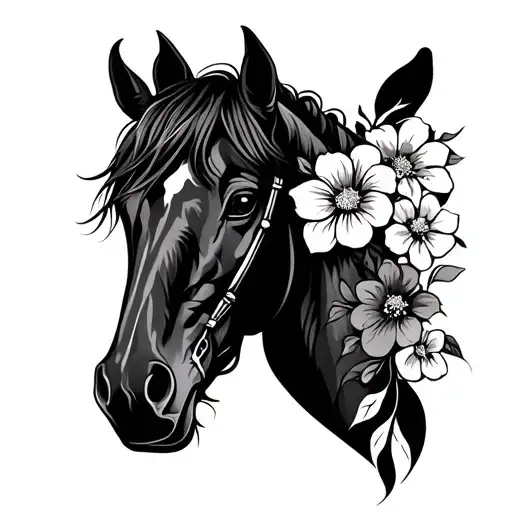 straight on horse head with flowes tattoo design idea
