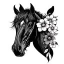 straight on horse head with flowes tattoo design idea