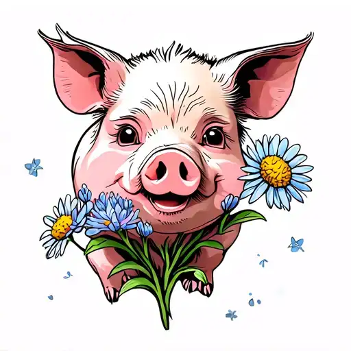 baby girl pig with aster flower tattoo design idea