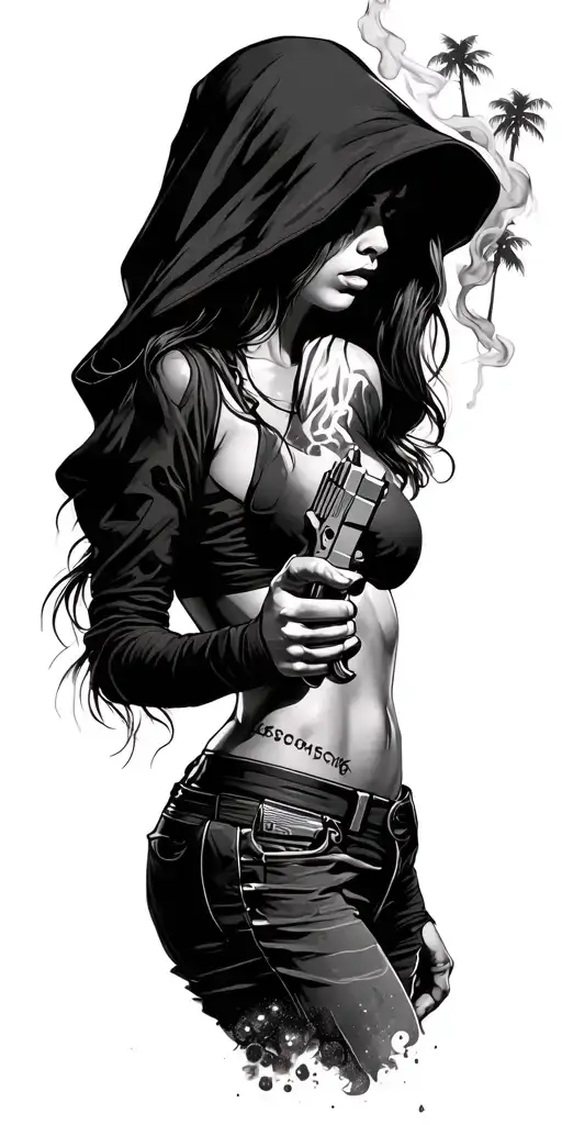 Sexy girl with storm hood and pistol smoke drugs palm trees tattoo design idea