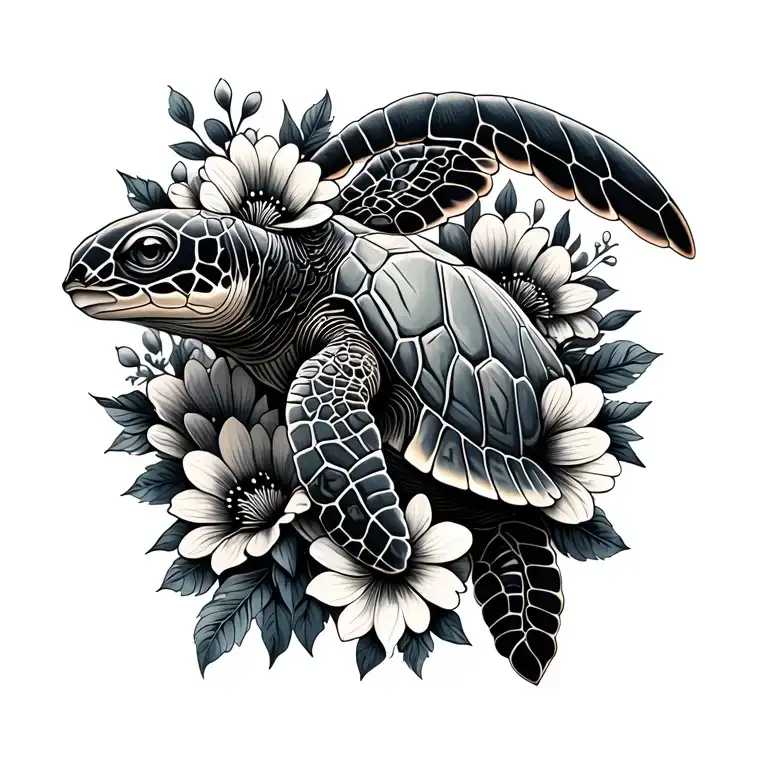 sea turtle and flowers  tattoo design idea