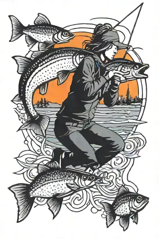 women ice fishing sunset background longjohns flag pole in fishing lure tattoo design idea