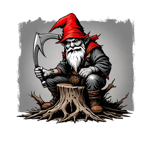 Evil Redcap Gnome Sitting on Rotting Tree Stump holding a hand Scythe as a weapon Back of hand tattoo fade for knuckles tattoo design idea