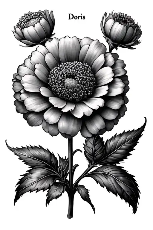 Marigold flower with the name Doris as the stem. tattoo design idea