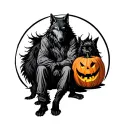 Jack O'Lantern man sitting with a pure black wolf tattoo design idea