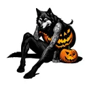 Jack O'Lantern man sitting with a pure black wolf tattoo design idea