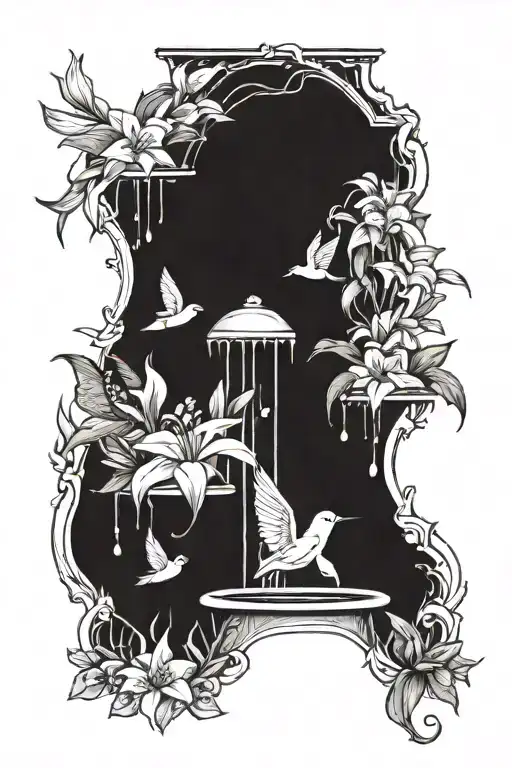  lily, birds, melody, wishing well, wish, penny, rain, flowers tattoo design idea