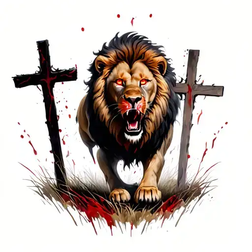 bloody lion with red eyes hovering over faded crosses in a field and roaring like it's ready for more challenges tattoo design idea