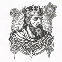 A blackwork portrait of King Arthur, with intertwined chains symbolizing a strong, lifelong bond tattoo design idea