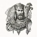 A blackwork portrait of King Arthur, with intertwined chains symbolizing a strong, lifelong bond tattoo design idea