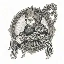 A blackwork portrait of King Arthur, with intertwined chains symbolizing a strong, lifelong bond tattoo design idea