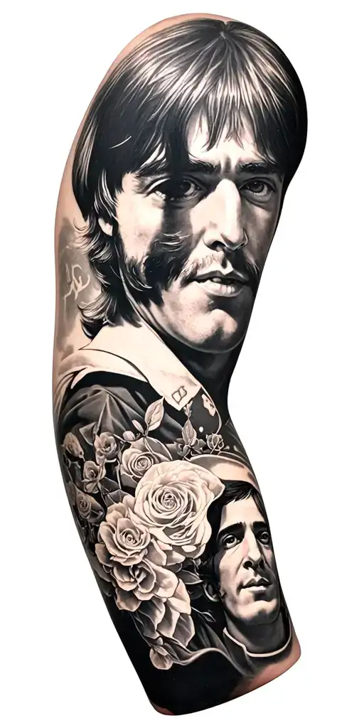 generate an image of a tattoo sleeve inspired by the beatles, no colour and full arm tattoo design idea