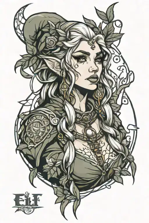 female elf druid pinup girl tattoo design idea