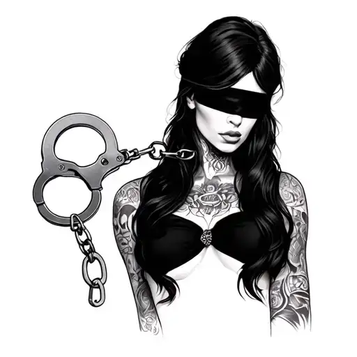 dark romance, handcuffs, blindfold, woman tattoo design idea