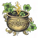 golden cauldron with five leaf clover tattoo design idea