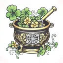 golden cauldron with five leaf clover tattoo design idea