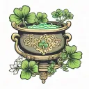 golden cauldron with five leaf clover tattoo design idea