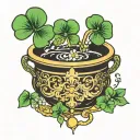 golden cauldron with five leaf clover tattoo design idea