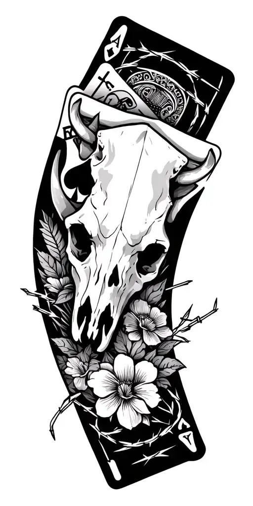 cards with an ace of each suit, bull skull, barbed wire, southern flowers, cross full sleeve  tattoo design idea