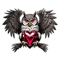 detailed owl with imposing stance and wings spread with ruby eyes clutching a large ruby in the shape of a heart tattoo design idea
