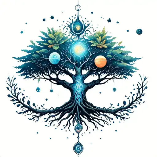 A magical tree of life intertwined with elements of nature and celestial bodies tattoo design idea