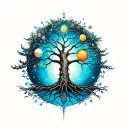 A magical tree of life intertwined with elements of nature and celestial bodies tattoo design idea