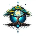 A magical tree of life intertwined with elements of nature and celestial bodies tattoo design idea