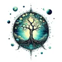 A magical tree of life intertwined with elements of nature and celestial bodies tattoo design idea