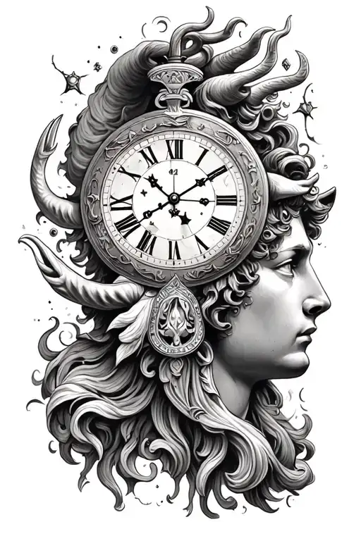 janus, timeless clock, taurus constellation surrounded tattoo design idea