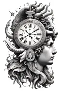 janus, timeless clock, taurus constellation surrounded tattoo design idea