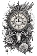 janus, timeless clock, taurus constellation surrounded tattoo design idea