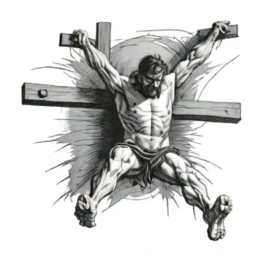 A middle-aged man (30 to 35) is crucified on his back without a crista. His legs are hanging down and his arms are sprea tattoo design idea