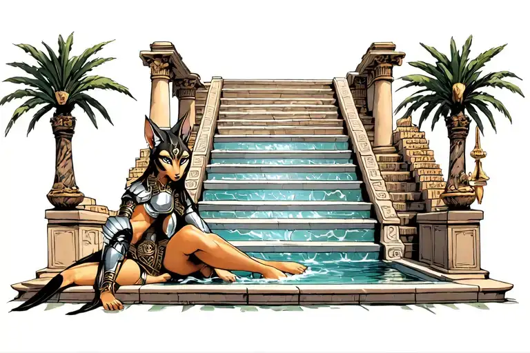 the bastet goddess in armor resting beside a water feature at the foot of the staircase of an Egyptian marble temple.  tattoo design idea