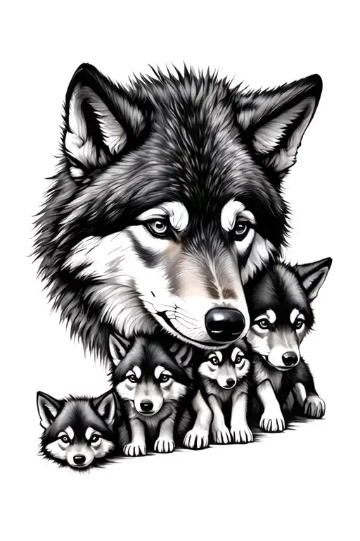male wolf 3 wolf cubs surrounded tattoo design idea
