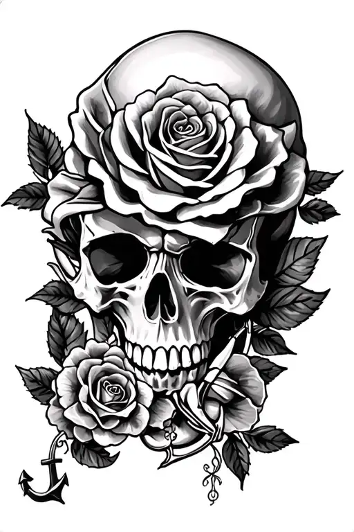skull roses anchors tattoo design idea