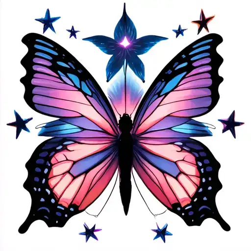 3D butterfly in motion, with three layered silhouettes like spirits. Around it, three stars two slightly larger, one sma tattoo design idea