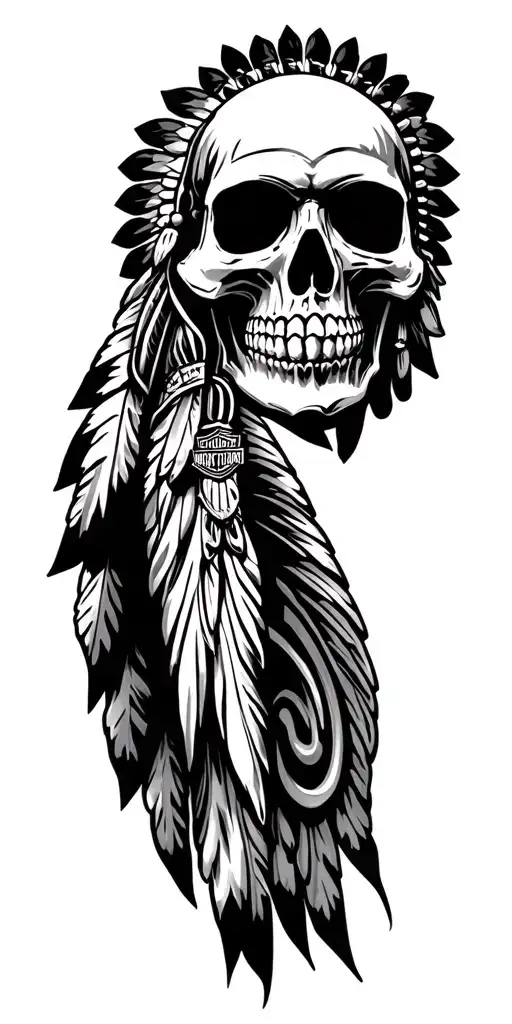 chicano art with Indian skull  and harley davidson emblem tattoo design idea