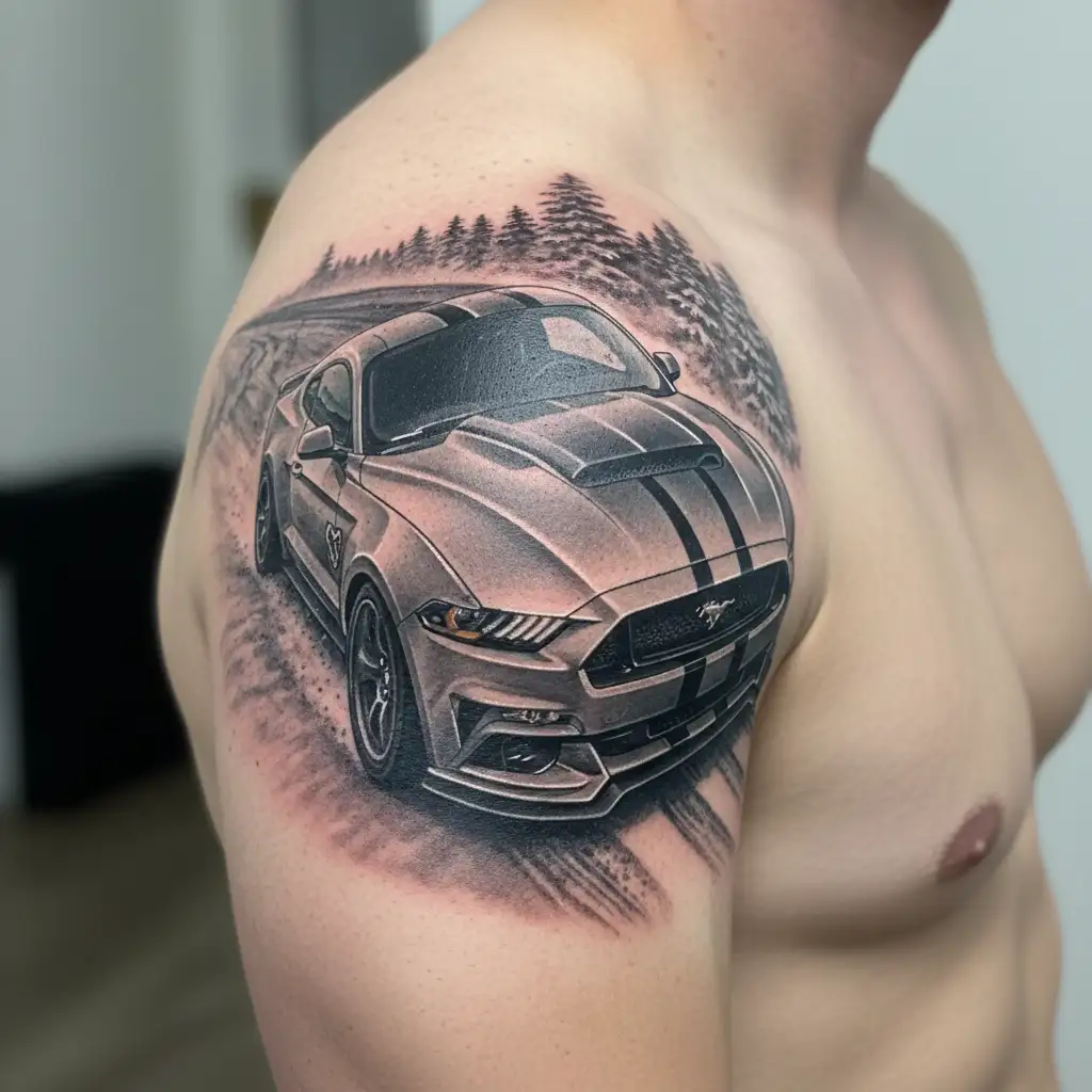 mustang gt going around a sharp corner fast. in the smoky mountains called the dragons tail tattoo design idea