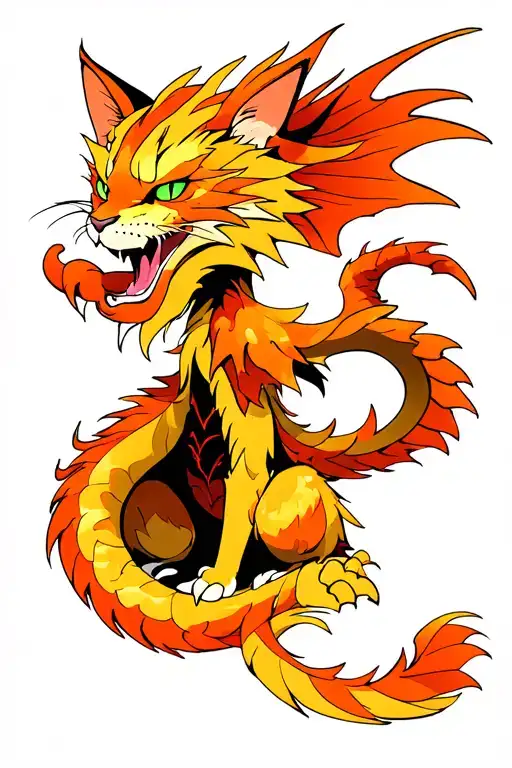 a dragon cat with big wings , a lot of fur , adult body and with a thin line , make it look scary but elegant as well  tattoo design idea