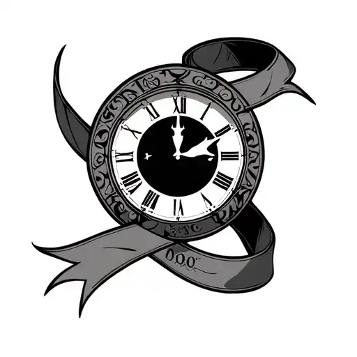 clock, zodiac sign virgo, zodiac sign cancer, ribbon with date 19-09 tattoo design idea