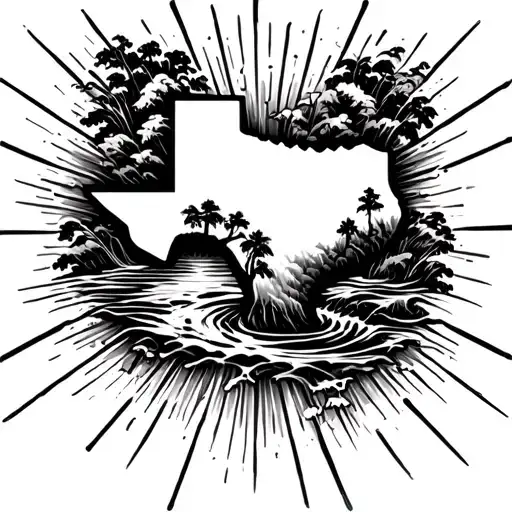 symbolic light rays and river, abstract, around the state of texas tattoo design idea
