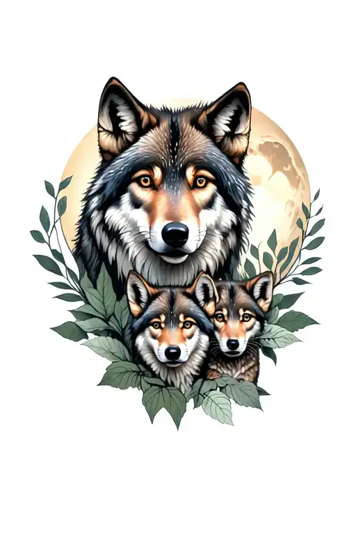 mother wolf and two cubs tattoo with moon and leaves delicate tattoo design idea