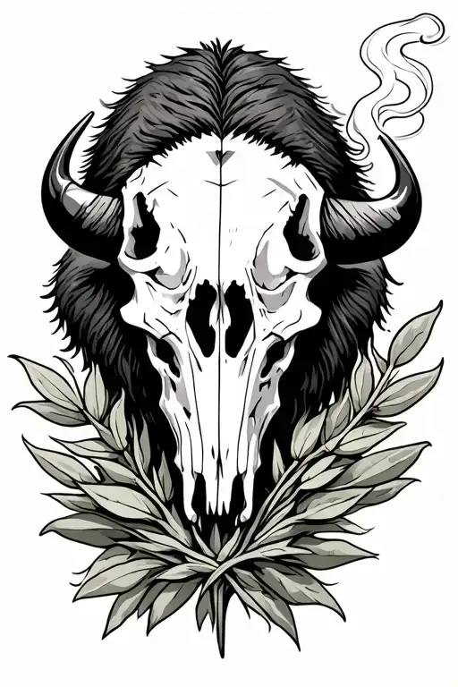 bison skull and smoking sage bundle black white tattoo design tattoo design idea