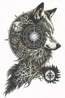wolf with solar eclipse, forest, yggdrasil, vegvisir compass in japanese theme tattoo design idea
