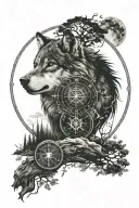 wolf with solar eclipse, forest, yggdrasil, vegvisir compass in japanese theme tattoo design idea