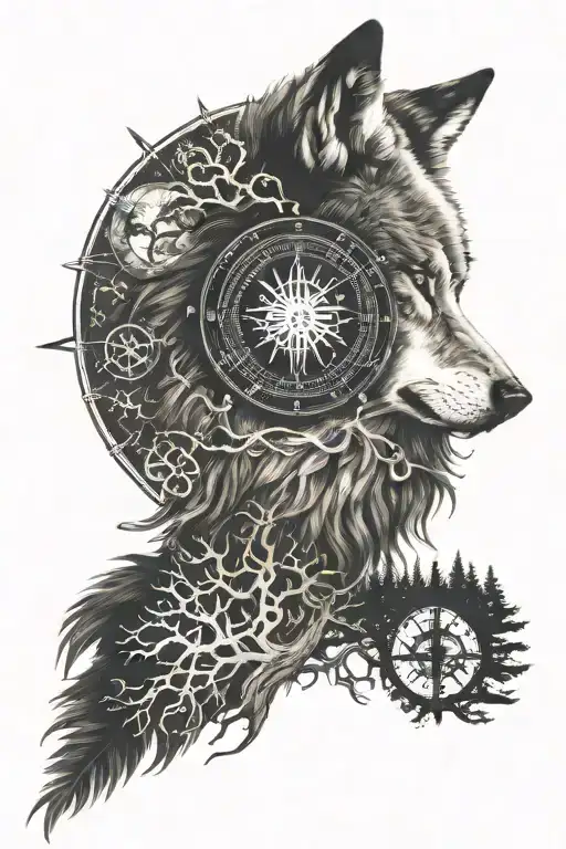 wolf with solar eclipse, forest, yggdrasil, vegvisir compass in japanese theme tattoo design idea