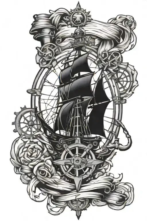 anchor lighthouse ship wheel surrounded tattoo design idea