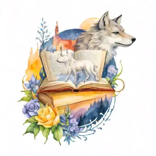 books, dagger, stars, castle, flowers, dragons, mountain, wolf tattoo design idea